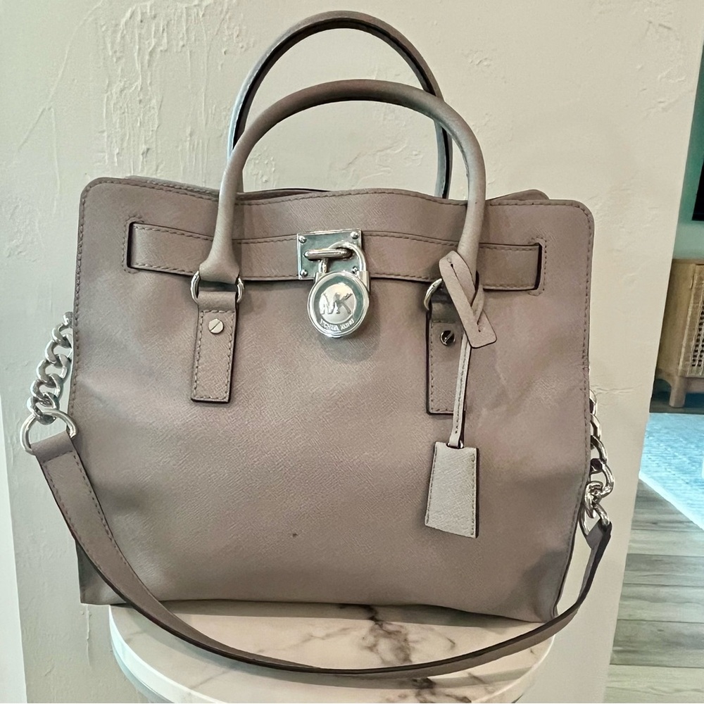 Michael Kors Hamilton Saffiano Leather Satchel Pearl Gray Size Medium